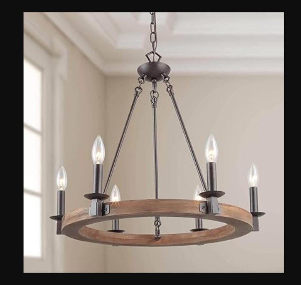 LNC Farmhouse Wagon Wheel 6Light Distressed Wood Circle Island Rustic Bronze NEW